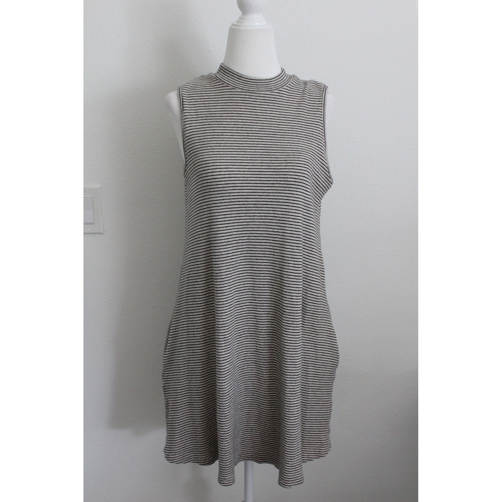 Fleur Bleue Women's Ribbed Striped Mock Neck Sleeveless Shift Dress Pockets Sz M